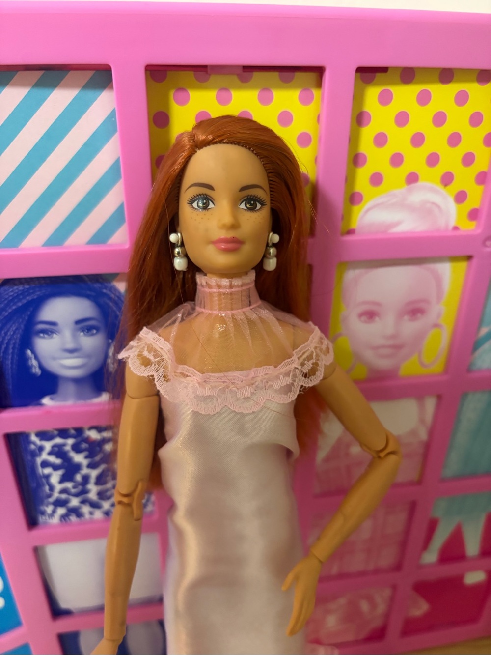 Barbie in Pale Pink Satin Dress with Pearl Earrings